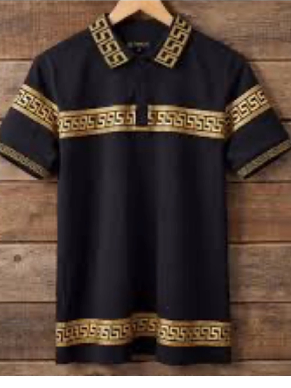 Chuxx Men's Black Polo Italian Shirt with Gold Geometric Trim 0284